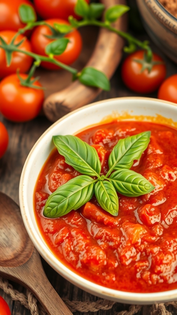 A bowl of rich tomato sauce garnished with basil, surrounded by fresh tomatoes and herbs.